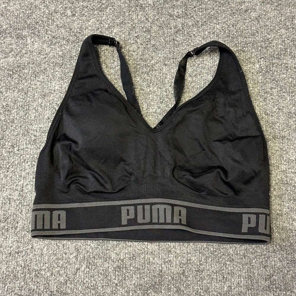 Puma Sports Bra Womens Size L Black Seamless V-Neck Logo Band Adjustable Straps
